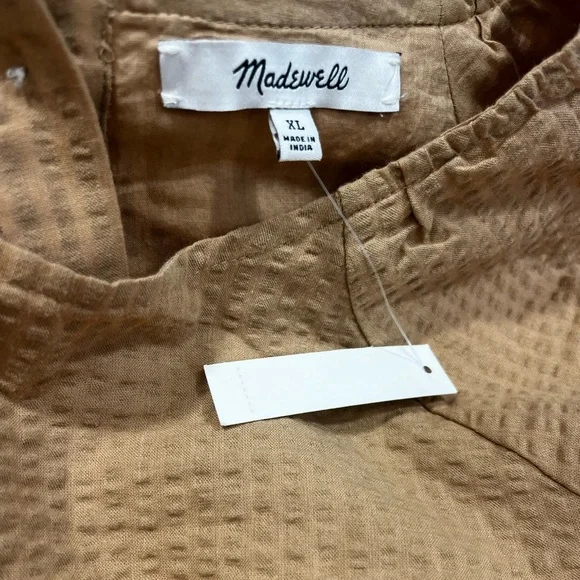 Madewell Seersucker Puff Sleeve Cutout Tiered Mini Dress XL Camel Tan NWT - Picture 9 of 10